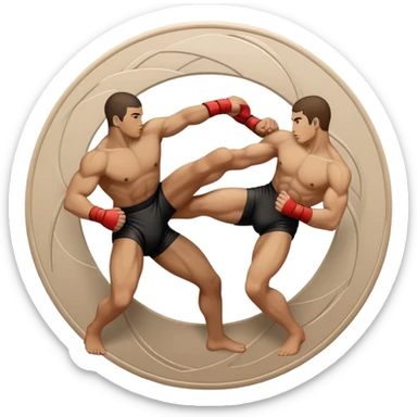 An icon symbolizing wrestling martial arts, featuring two stylized figures locked in a dynamic grappling pose. The background shows abstract elements representing strength and technique, with a circular design to represent unity and focus. Transparent background sticker