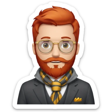 gray scarf, male,  beard, red hair, with suit, gold glasses sticker