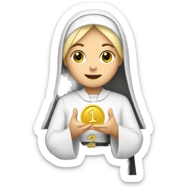 A blonde nun holding a coin with the number 13 on it sticker