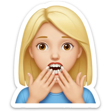 Girl gritting teeth hands on her mouth sticker