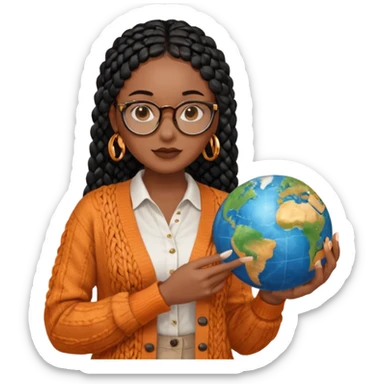 a young woman wearing fine gold round glasses and black hair in several box braids, she has light black skin, and she's wearing a white shirt with an orange-terracotta cardigan on top. She's holding a globe in one hand sticker