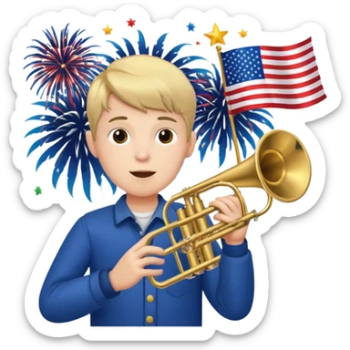 Boy holding trumpet with American flags and fireworks behind him sticker