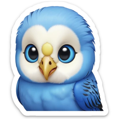 cinematic-cute-blue-budgie-portrait-emoji,-head-tilted-playfully-and-inquisitively,-featuring-a-brilliant-blue-feathered-fur-and white and black face-with-a-natural-sheen,-round,-sparkling-dark-eyes-filled-with-curiosity,-simplified-yet-irresistibly-adorable sticker
