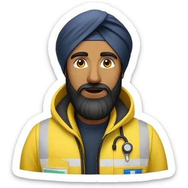 Sikh man with beard wearing a black turban and a yellow paramedic jacket sticker