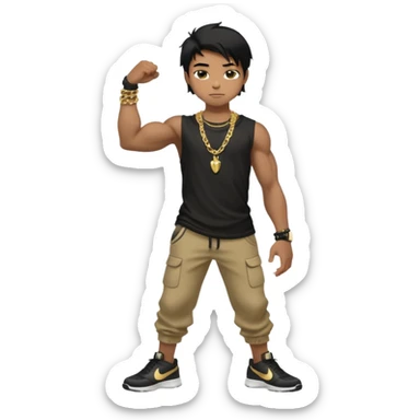 full side body view of muscular 13yo boy with veiny hands arms and biceps. has messy black hair with dark-tan skintone with black tshirt. has gold chain and nike shoes with baggy pants sticker