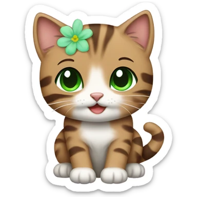 kawaii brown tabby kitten with green eyes and pastel green flower sticker