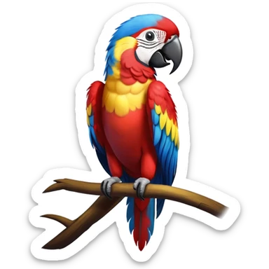 cinematic-macaw-realistic-full-body-standing-emoji,-vibrant-feathers-glowing-with-rich-reds,-blues,-and-yellows,-head-tilted-dramatically,-curved-black and white-beak-gleaming,-piercing-dark-eyes-exuding-confidence,-simplified-yet-realistic-focused sticker