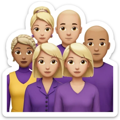 5 person team; 2 men and 3 women.  All dressed in yellow or purple.  1 caucasian woman with blonde mid length hair. 1 caucasian woman with blonde short length hair. 1 caucasian woman has ash blonde hair tied up. 1 man is African-american and bald, 1 man is caucasian and very little hair left.  
 sticker