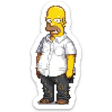 Homer Simpson pixel art style, yellow skin, bald, white shirt, cartoonish look sticker