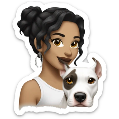 light skin woman with a face tattoo of a small cross near her eye and long wavy black hair expressing joy alongide a white and brown pitbull sticker
