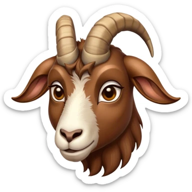 Cinematic Noble Brown Goat Portrait Emoji, Poised and regal, with a sturdy, agile build and a smooth, well-groomed rich brown fur accented by gracefully curved horns, deep-set soulful dark eyes, Simplified yet sharp and sophisticated features, highly detailed, glowing with a warm, dignified glow, high shine, intelligent and spirited, stylized with an air of rustic elegance, focused and attentive, soft glowing outline, capturing the essence of a watchful and confident goat, so majestic it feels as though it could leap out of the screen with effortless authority! sticker