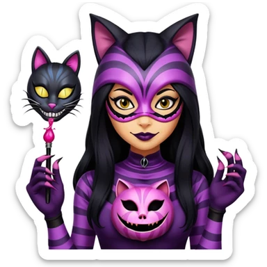 a deadly woman with tan skin, long black hair, wearing a creepy Cheshire cat mask. She’s dressed in a sleek assassin outfit and holds poison-tipped claws.  sticker