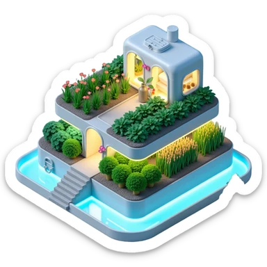 Exterior view of a futuristic hydroponic farm built on a small square platform, glowing neon pipes and transparent water channels, sleek buildings shaped like nutrient tanks, vegetables and wheat growing in vertical layers, surreal atmosphere, emoji-style sticker