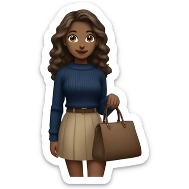 A girl wearing dark blue sweater with beautiful brown eyes beige skin and brown hair long and wavy, and she is wearing a black skirt and holding a blue dark bag classy sticker