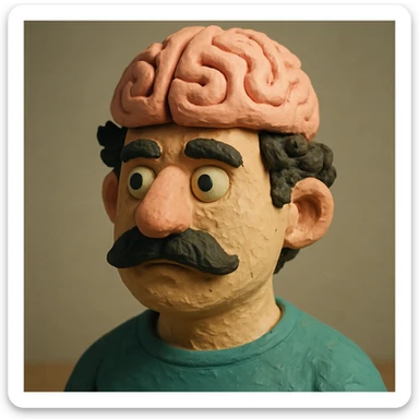 Enhance the claymation man wearing a brain by adding more depth and dimension to the image. Make him more attractive, inspired by the first version, with dark curly hair, thick mustache, light skin, claymation style, visible fingerprints, and pastel colors. sticker