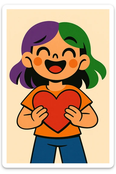 girl with half purple half green hair holding a heart, vibrant and expressive sticker