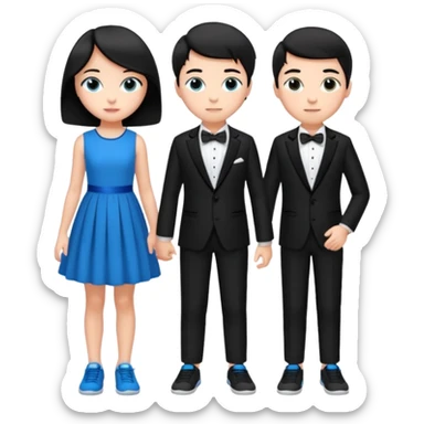 generate a pretty bratz fair skinned boy with short black hair wearing a black tux with blue sneakers with a girl in a pink dress sticker