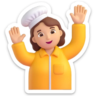 cookie factory worker emoji, waving, with cookies in the background sticker