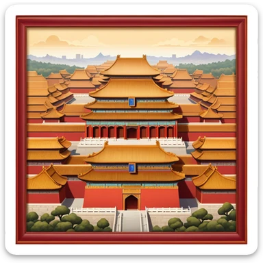 Cinematic Realistic Forbidden City Landmark Emoji, depicting grand imperial architecture with golden rooftops, vast courtyards, and intricate wooden carvings, all surrounded by towering red walls. sticker