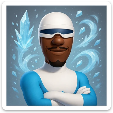 Frozone, memoji style, confident, blue and white suit, ice effect sticker