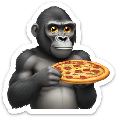 A lanky gorilla wearing a tutu eating pizza sticker