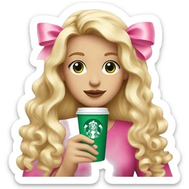 blonde with green eyes drinking pink starbucks wearing a pink bow in long wavy blonde hair sticker