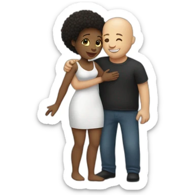 a hug from a black woman in a tight dress to a white man with no hair and a beard sticker