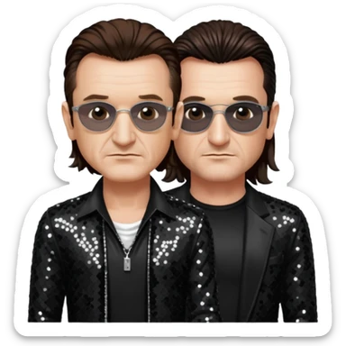 Bono from U2 with long dark brown hair, black sequin outfit  sticker