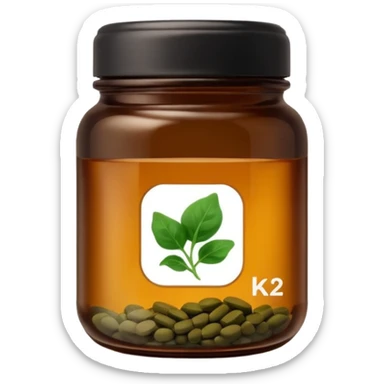brown glass jar of supplements with white label, black thin title K2 and small spinach emoji sticker