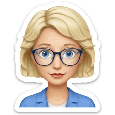 woman 60 very short weavy blonde haire, rectangle glases, blue eyes sticker