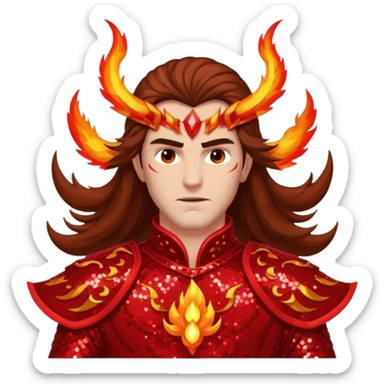 Vulcan, God of Fire from Gods and Goddesses with long brown hair, fiery red sequin outfit sticker