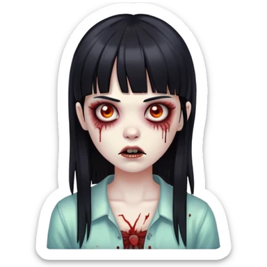 Zombie girl with straight black hair and bangs sticker