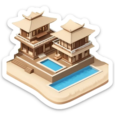 Isometric exterior brown and beige luxury Balinese beach resprt, dollhouse style 3D realistic  sticker