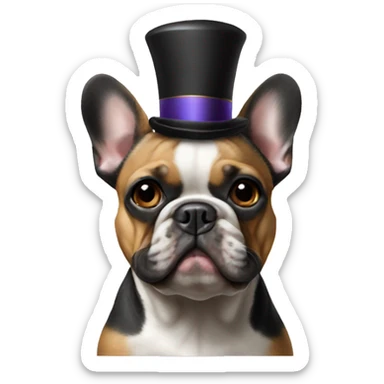 Black-and-tan French bulldog wearing a clown hat sticker