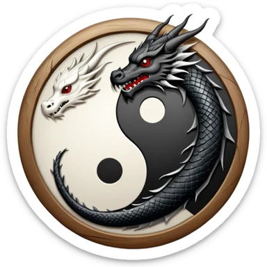An icon symbolizing Eastern martial arts in the style of an emblem, featuring a black-and-white Yin-Yang symbol and a dragon at the center, surrounded by elements like a dojo. Transparent background highlights balance and power. sticker