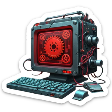 Old cyberpunk computer filled with junk drives and corrupted code, glowing error lights, sparks flying as gears grind and malfunction, interface full of broken UI elements and trash icons, dark gritty sci-fi setting, detailed close-up sticker