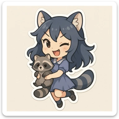 Chibi stickers style raccoon girl holding a small raccoon, playful and mischievous expression and pose. sticker