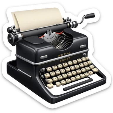 Create an emoji representing screenwriting. The design should feature an open script with visible dialogue and action lines, symbolizing the writing of a screenplay. Include a classic typewriter or a modern writing device, such as a laptop, to signify the process of creating a script. Add a cinema camera next to the script to emphasize the cinematic aspect of screenwriting. Use a professional color palette with black, white, and subtle metallic tones. Do not include any emojis or smiley faces. Make the background transparent. sticker