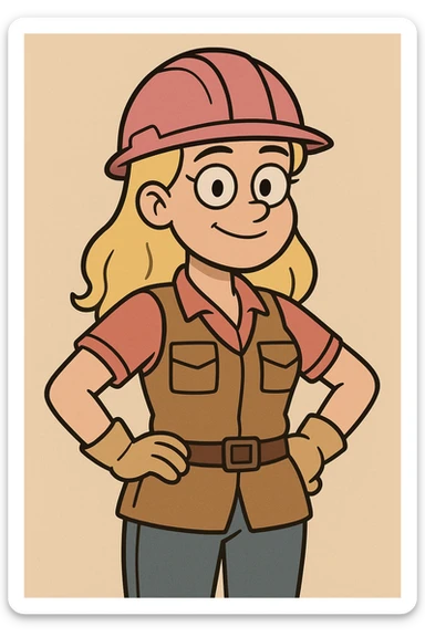 cartoon style blonde girl construction worker wearing pink helmet and construction attire, friendly expression, simple background sticker