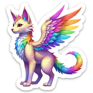 Kawaii neon colorful with divine celestial feather-wing-ears rainbow iridescent fantasy ethereal feline-vernid-sergal-fursona animal creature with a tufted tail full body with intricate markings sticker