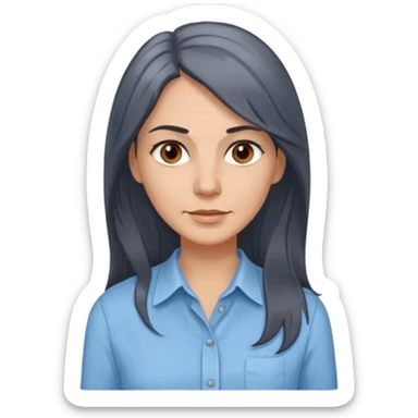 vit 50-årig kvinna med grå slingor i jättelångt mörkbrunt hår bruna ögon ljusblå skjorta med översta knappen uppknäppt sticker