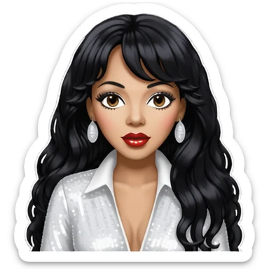 Donna Summer with long jet black hair, white sequin outfit  sticker