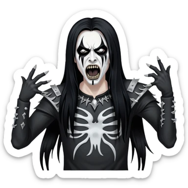 Black metal musician with corpse paint, long hair, screaming sticker