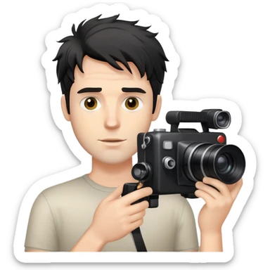 a white man with black messy hair holding a foto camera sticker
