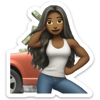 girl flexing money with long hair & a car sticker