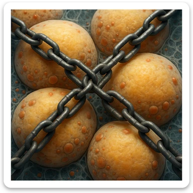 hyper realistic 4K adipocytes seen under microscope, blocked by metal chains, cellular details, scientific atmosphere sticker