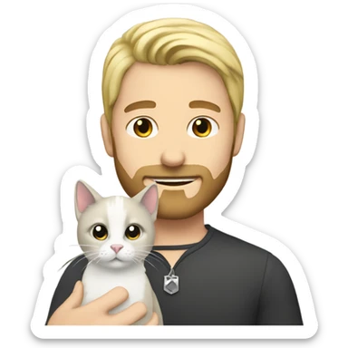 Blonde haired man with a black beard holding a white and gray cat sticker