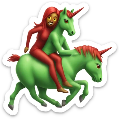 four-legged green unicorn white. a red amazon alien woman, on a unicorn sticker