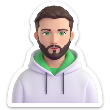 man with short full beard, dark brown undercut hairstyle, white hoodie, and green eyes sticker