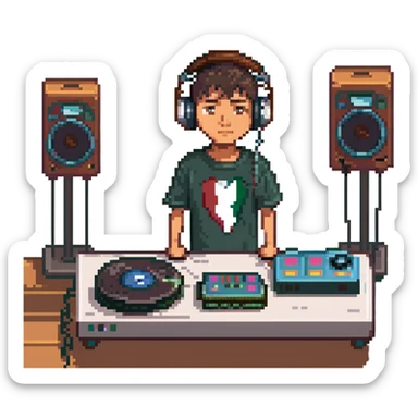Mexican boy with headphones and DJ turntable sticker